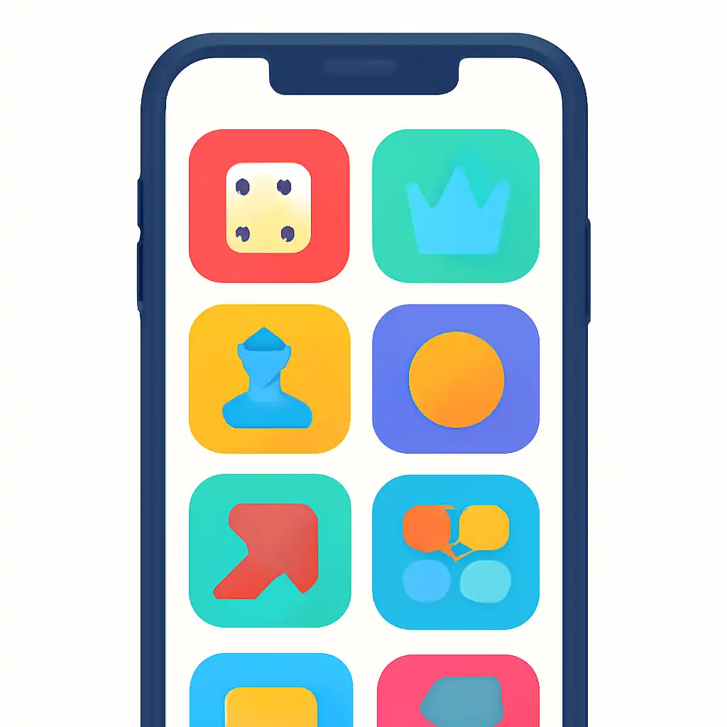 Smartphone shown from the front displaying a colourful flat layout of abstract game icons and rounded tiles (no text, no letters, no labels), 91 Game