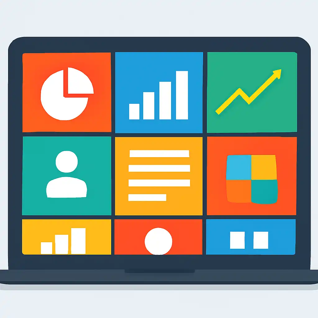 Laptop shown from the front displaying a colourful flat dashboard of abstract charts, bars and icon tiles (no text, no letters, no labels), 91 Game
